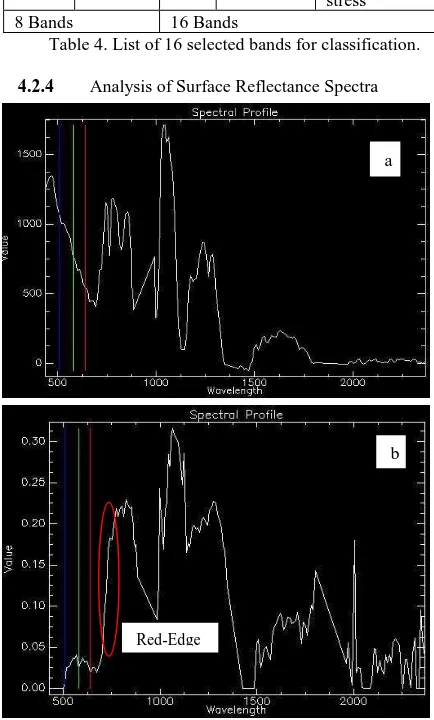 Figure 6: Radiance (a) and surface reflectance (b) spectra for healthy forest.  