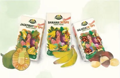 Gambar 2.10 Jackfruit, Banana, dan Salacca Crisps Bionic Farm  Fruit  crisps  merupakan  produk  PT  Bionic  Natura  berupa  keripik  buah  dalam  kemasan tanpa bahan pengawet dan pewarna