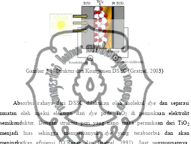 Gambar 2.1. Struktur dan Komponen DSSC (Gratzel, 2003)