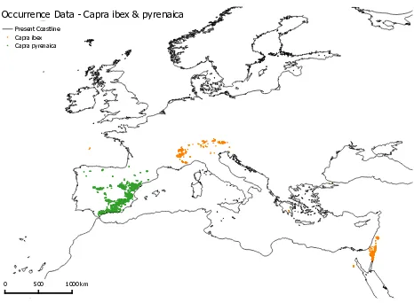 Figure 1: Occurrence Data for Capra ibex and Capra pyrenaica.(GBIF Secretariat: GBIF Backbone Taxonomy, 2013)