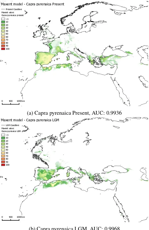 Figure 5: Maps showing modelling results for Capra pyrenaicawith Maxent values 1-100.