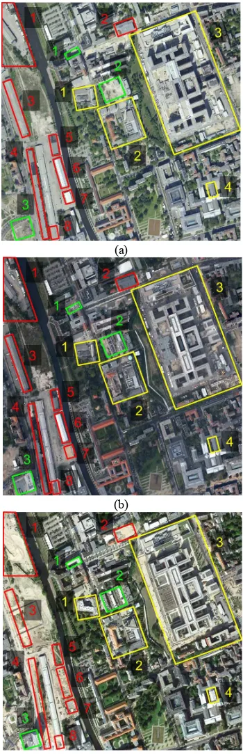 Figure 4. GE images around north of Berlin main station acquired on (a) 2010/09/12, (b) 2012/05/20, and (c) 2014/09/05