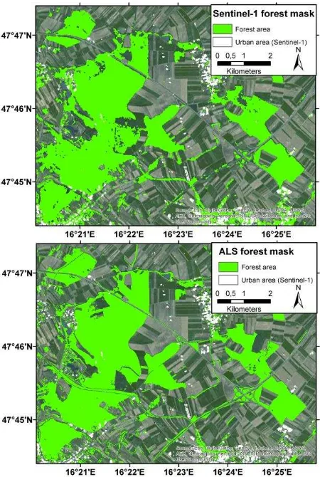 Figure 6: Differences between the ALS and Sentinel-1 (thresholding approach) forest mask for the entire region of 