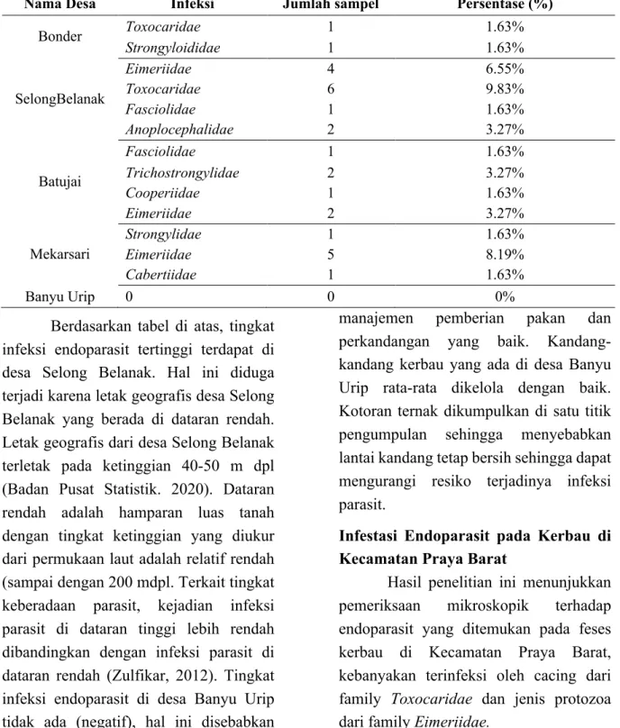 Tabel 3. Infestasi endoparasit pada kerbau beberapa desa di Kecamatan Praya Barat 