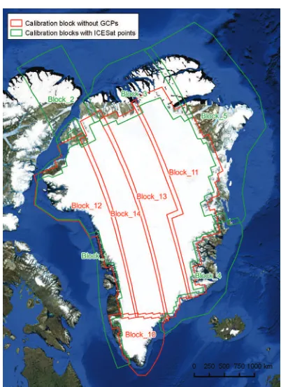 Figure 4. Blocks for adjustment of Greenland: green adjustment to ICESat, red: adjustment by tie-points with no ICESat points 