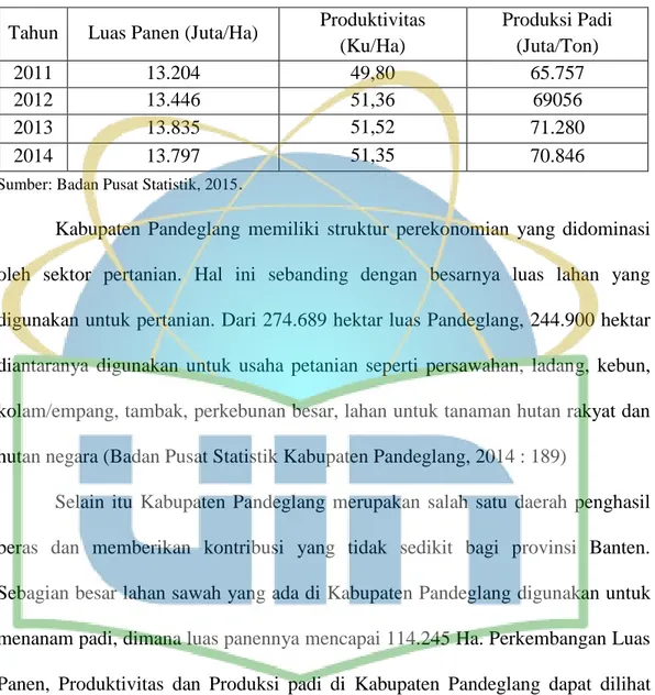Tabel 1. Data produksi padi di Indonesia tahun 2011-2014  Tahun  Luas Panen (Juta/Ha)  Produktivitas 