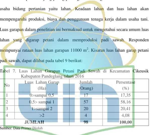 Tabel  7.  Luas  Lahan  Garapan  Petani  Padi  Sawah  di  Kecamatan  Cikeusik      Kabupaten Pandeglang tahun 2016 