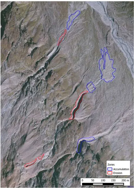 Figure 10. Change detection analysis comparing terrestrial (2015) and airborne laser scanning data (2011), indicating vertical elevation changes [m] due to rock glacier movement  