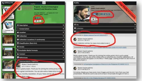 Figure 1: Collaborative Functions: Project (left) and User Profile (right) include Feed, Follow, RSS, Like, Comment, Thread, Linking and Social Network Functions  