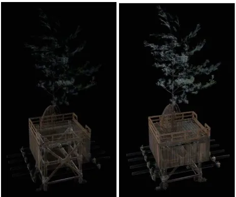 Figure 6. See-through images of the Hachiman-Yama ﬂoat look-ing down from above. The top image was created by our method,and the bottom image was obtained by the commonly used quicktransparent point-based rendering method, in which the colors ofthe projected 3D points are simply averaged at each pixel.