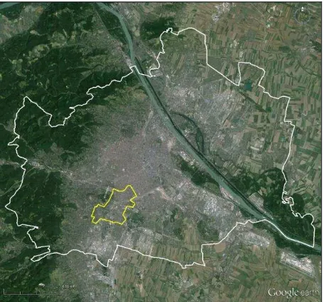 Figure 1. Boundaries of Vienna (in white) and extents of the district of Meidling (in yellow)