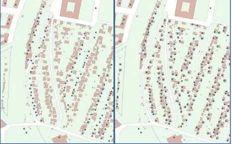Figure 5. Example of addresses not automatically geocoded or  falling outside the building geometries (left) and after editing (right)  