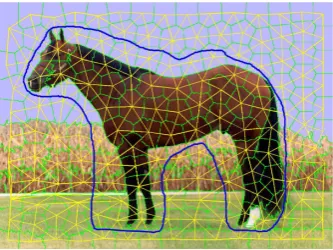 Figure 2: The graph model with superpixel segmentation of animage. Every superpixel is represented by a node, with the greencurves as superpixel boundaries, the yellow lines as the edgesconnecting adjacency nodes