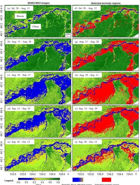 Figure 2. The MODIS NDVI image time series (left column, a-e) showing the dynamic changes of the probably flood-affected regions in 2013, and the corresponding detected anomaly regions (right column, f-j) when setting the z-value to be two