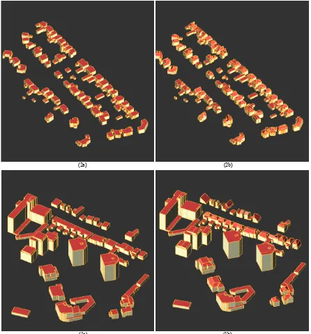 Figure 9. 3D building modelling from partitioned footprints by method1. (1a) Detailed LoD1 models from MAP1; (1b) LoD2 models from MAP1; (2a) Detailed LoD1 models from MAP2; (2b) LoD2 models from MAP2