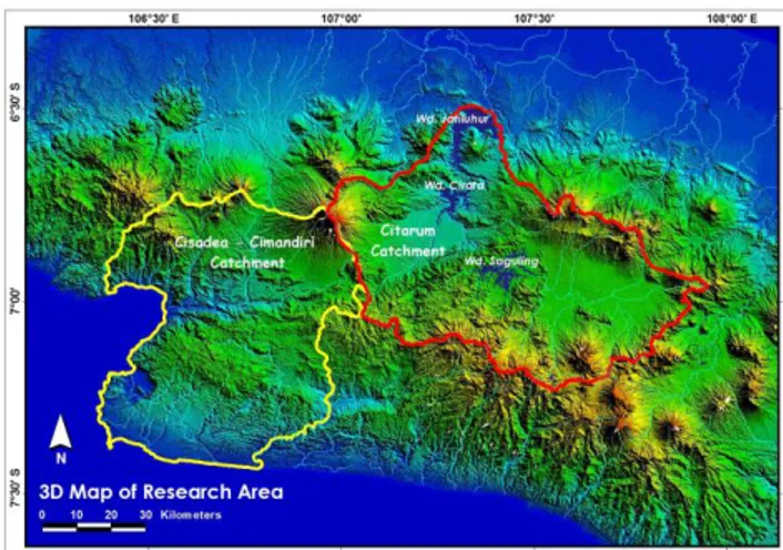 Gambar 1. Peta 3 Dimensi Lokasi DAS Citarum  (Target) dan DAS Cisadea-Cimandiri di Wilayah 