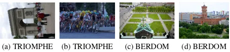 Figure 5. Representive images which are not part of the largestcluster.(a) rotated landmark, (b) Tour de France (c) and (d)rooftop view.