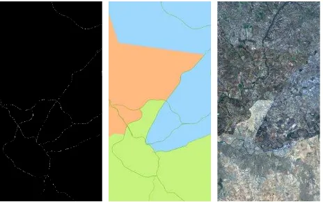 Figure 8 shows the vectored geo-information data, the gradient image generated from the rasterized geo-information data, the resulting segmentation of the images, and the mosaic itself