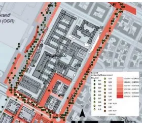 Figure 6: GIS layout showing an example of possible spatial  analysis of dynamic data in the area of the Politecnico in Turin: the average of the values measured in a 50 m buffer of a buildings can be calculated and associated to the selected building
