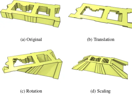 Figure 5: Applying transformations to the top face of (a) a prismresults in: (b) a parallelepiped in the case of a translation, (c) atwisted prism in the case of a rotation, and (d) a frustum in thecase of scaling.