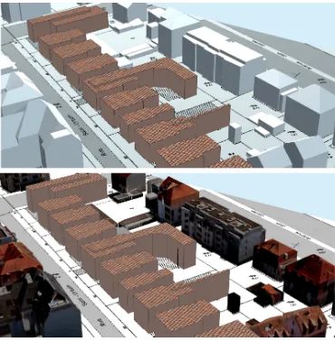 Figure 8. Visual effect of the differentiation of walls and roofsdiscreet style in a photo-realist context: upper image: differenti-ation between walls and roofs; lower image no differentiation.