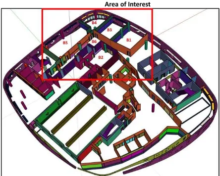 Figure 5. Area of interest in the Bergeron Centre for the  experiments.  Panoramic images were captured in rooms B1, B2, B3, B4, B5, and B6