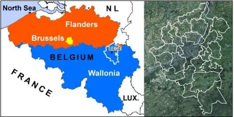 Figure 1. Area of Interest: Wallonia, Belgium (left); Liège district with 24 municipalities (right) 