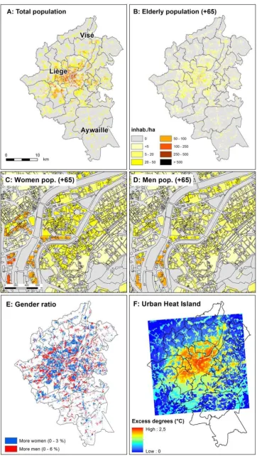 Figure 5. (a) Total population; (b) Elderly population (over 65 years); (c) Zoom on female population over 65 ; (d) Zoom on male population over 65 ; (e) Total population gender ratio; (f) Urban Heat Island (data from https://www.urban-climate.eu/services/eu_cities, 2011 summer, 250m spatial resolution) 