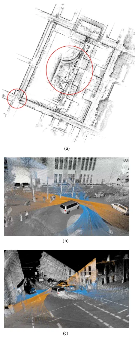 Figure 4. The TUM City Campus dataset. (a) Overview. (b)Inner Yard. (c) Crossing.