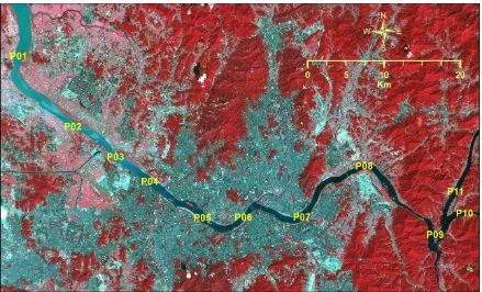 Figure 1. The Han River, Seoul and vicinity. This Landsat 8 imagery was composited using the infrared, red and green bands for red, green and blue colors, respectively