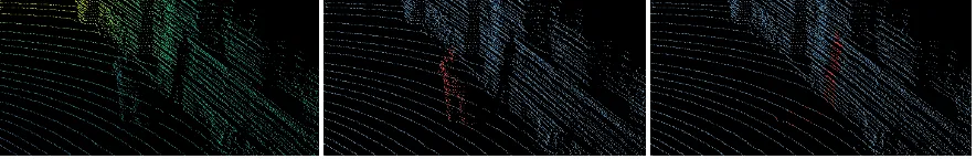 Figure 1. One result of our proposed method. (left) original point cloud, (center) segmentation, (right) disocclusion.