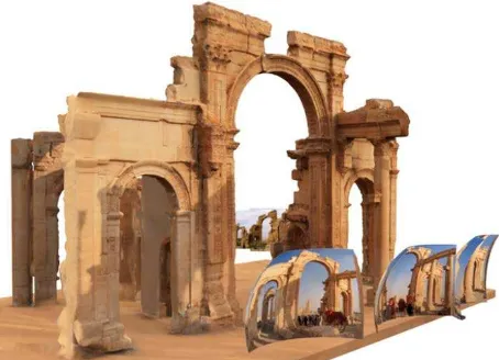 Figure 8. The destroyed Arch of Triumph in Palmyra, a projection of a panorama and the reconstructed model