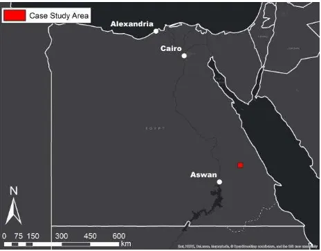 Figure 3. Location of case study in the Eastern Desert of Egypt (Basemap: Esri, HERE, DeLorme, MapmyIndia, © OpenStreetMap contributors, and the GIS user community)