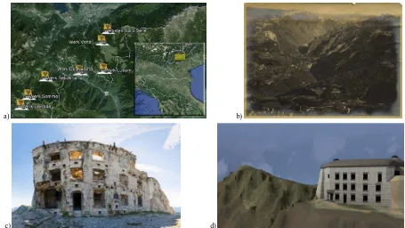 Figure 1. (a) Positions of the Austro-Hungarian forts along the old national border (before 1918) between Italy and the Austro–Hungarian empire - nowadays a regional border between Trentino – Alto Adige and Veneto (b) An historical picture showing the plat
