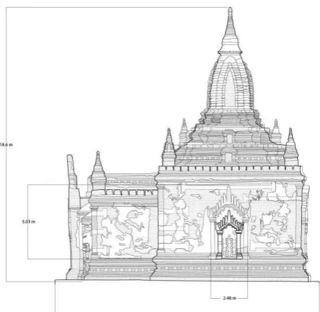 Figure 13: Drawing of the North façade and of the east-west cross section of Loka-Hteik Pan temple