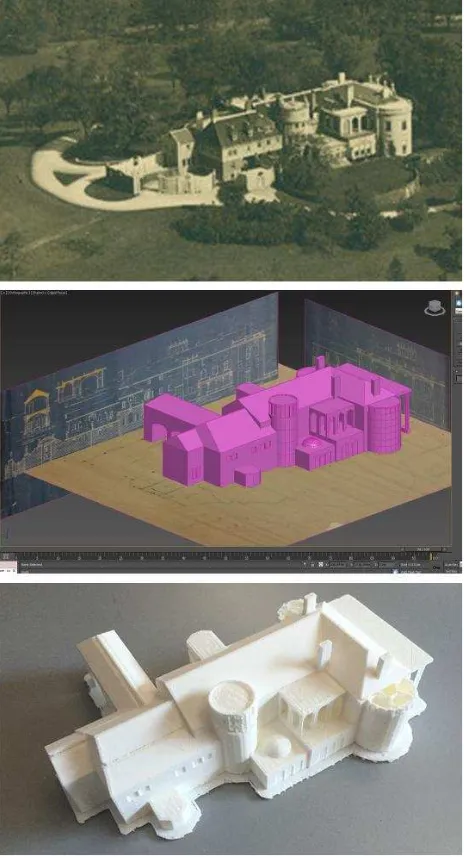 Figure 7. Process of 3D modeling Anderson mansion from referencing measured archival drawings and photograph