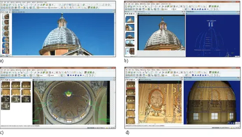 Figure 3. Photomodeler screen shoot: a) topographic survey points marked on photo for photogrammetric restitution; b) restitution of the geometric model of cupola; c) theorical section model superimposed on photo; d) represented model of the intrados of the cupola 
