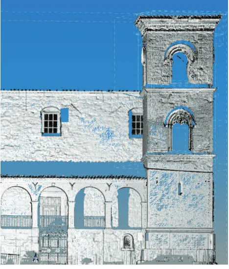 Figure 8. From the cloud point to the triangulated model of Saint Thomas’ bell tower duble mullioned window 