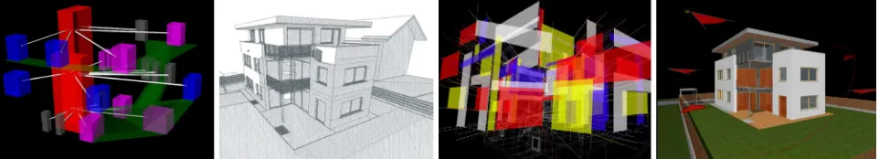 Figure 1.  "C" House (arch. Vittorio Longheu): from the project to the virtual representation of the 3D model  (author: Michele Brunelli) 