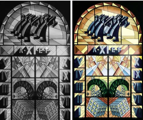 Figure 10.  The Post office, Trento: color rendition (re-colouring) of stained glass windows designed by Fortunato 