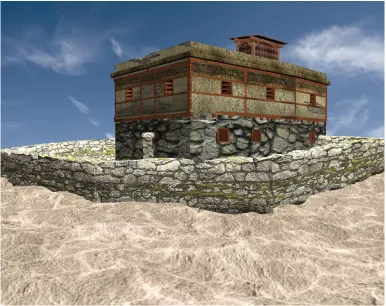 Figure 4. 3D reconstruction of Building I (closed/walled variety), set into the software-modified terrain, view from the southeast