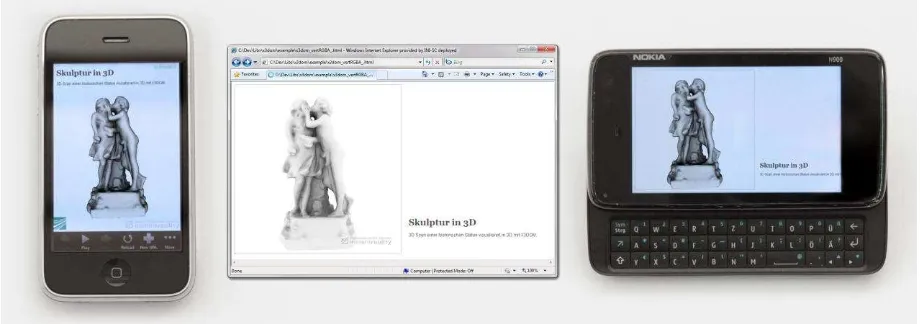 Figure 1. With MeshLab exported model of an old statue visualized via X3DOM in the same HTML page on 3 different platforms: iPhone App using WebKit extensions; Internet Explorer C++ based X3D plugin; WebGL-based implementation on Nokia N900