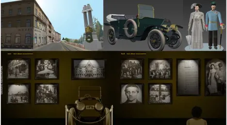 Figure 3: Top left:The model of the museum environment and theplace of assassination. Top right: Interactive 3D models of thestatues of Ferdinand and Sophie, and the car that drove them onthe day of the assassination