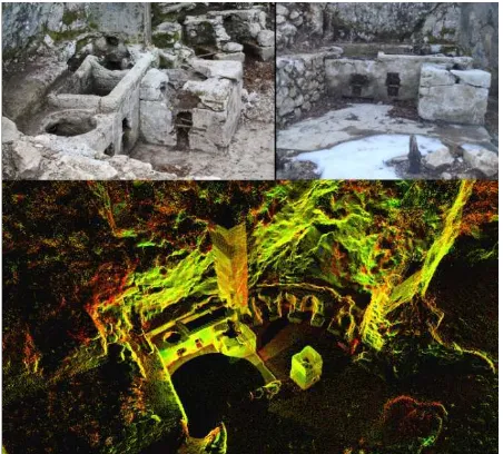 Figure 8. Detail of the field kitchens: present state (top) and visualization of the 3D point cloud (bottom)