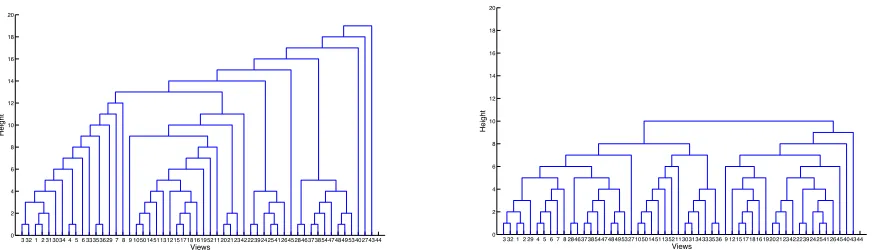 Figure 3: Two dendrograms produced on a 52-views set. The left one was produced using the standard simple linkage rule, the rightusing the modiﬁed rule, with ￿ = 5.