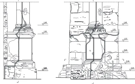Figure 10. Plinth and base of left column on Southern façade. Front and Western side of survey model