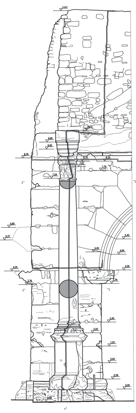Figure 12. Left column on Southern façade with sections in situ