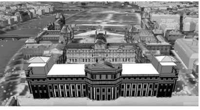 Figure 7: Reconstruction of the “petit conseil’s ﬁnal design forthe East Wing of the Louvre, in the Context of a Google EarthAerial photo