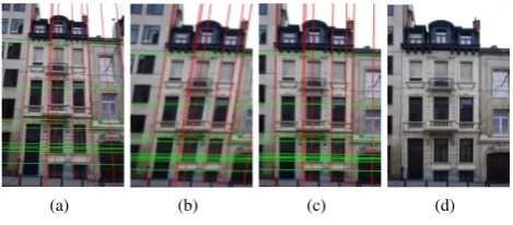 Figure 2: Rectiﬁcation process: (a) input image with dominantlines, (b) projective distortion removal (c) afﬁne distortion re-moval (d) similarity transformation
