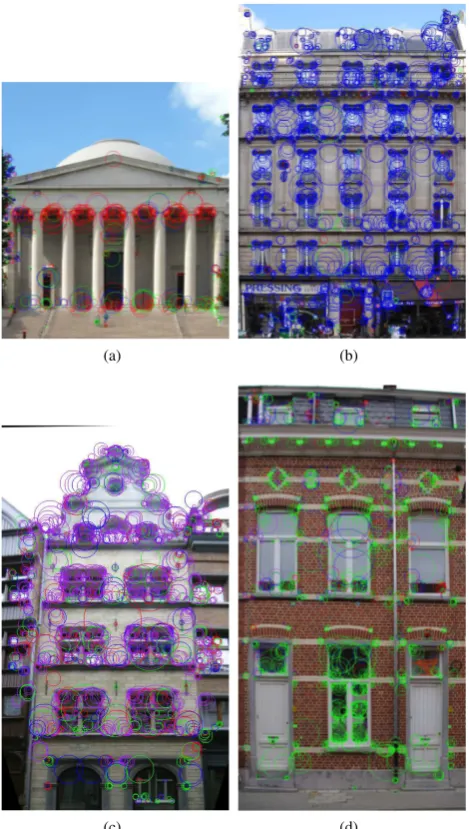 Figure 4: Style detection: a) Neoclassical style (features in red),b) Haussmannian style (features in blue), c) Renaissance style(features in purple) and d) Unknown style (features in green)